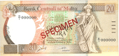 Malta, Bank Centrali ta’ Malta, Specimen Twenty Liri, 1989, D/1 000000, specimen in red across centre (Pick 44)....