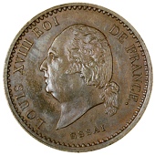 France, French Colonies, Louis XVIII, Essai 10 Centimes, 1824a, in bronze, bust left, rev. crowned monogram, edge...