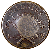 French Colonies, French Colonies, Guadeloupe, Louis XV, 3 Sous 9 Deniers, 1767, rev. countermarked with rf in...