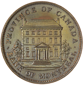 Canada, Lower Canada, Quebec, Bank of Montreal, Penny, 1837, city bank on ribbon (KM. Tn14; C 22a; Br 526). Tiny...