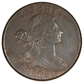 United States of America, United States, Cent, 1802, Draped Bust type, stemless wreath (Sheldon 231). Light obverse...