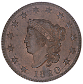 United States of America, United States, Cent, 1820, Coronet type, large date. Circular die crack linking stars and...
