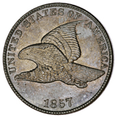 United States of America, United States, Cent, 1857, Flying Eagle type. Two tiny carbon specks on eagle’s left...