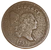 United States of America, United States, Half-Cent, 1797, Liberty Cap type, 1 above 1 in date, edge plain. Mediocre...