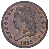 United States of America, United States, Half-Cent, 1833, Classic Head type. Minor scuff marks, otherwise extremely...