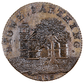 Buckinghamshire, Stowe, Skidmore’s Farthing, 1796, Hermitage building with tree and grass in foreground, rev....