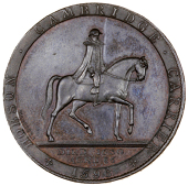 Cambridgeshire, Cambridge, James Burleigh, Penny, 1799, Thomas Hobson on horseback right, rev. water tower on...