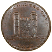 Cambridgeshire, Cambridge, Skidmore’s Globe series, Penny, 1797, Christ’s College Gate, rev. globe, edge...