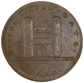 Cambridgeshire, Cambridge, Skidmore’s Globe series, Penny, 1797, Queen’s College Gate, rev. similar, edge...