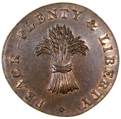 Cambridgeshire, Cambridge, Spence’s mule Halfpenny, wheatsheaf, rev. lean man gnawing a bone, edge plain,...