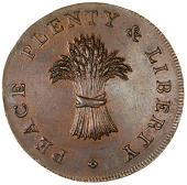Cambridgeshire, Cambridge, Spence’s mule Halfpenny, wheatsheaf, rev. Bishop Blaize and woolpack, edge plain,...