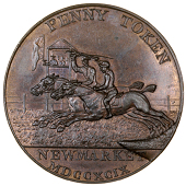 Cambridgeshire, Newmarket, Wyon’s Penny, 1799, two racehorses passing winning post, rev. legend, craven meeting,...