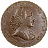 Cheshire, Macclesfield, Roe & Co, Westwood’s Penny, 1790, in bronzed-copper, bust of Charles Roe right, rev....