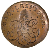 Cheshire, Macclesfield, Roe & Co, Westwood’s Farthing, 1789, r & co monogram, beehive crest above, rev. seated...