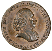 Cheshire, Macclesfield, Roe & Co, Westwood’s Farthing, 1792, bust of Charles Roe right, rev. seated figure of...