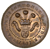 Dorset, Poole, Richard Allen, Skidmore’s Halfpenny, 1797, Prince of Wales feathers above an oval inscribed 75,...