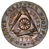 Essex, Woodford, William Brooks, Denton’s mule Halfpenny, 1796, compasses, wheel, saw and axe, rev. man weaving in...