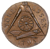 Essex, Woodford, William Brooks, Denton’s mule Farthing, 1796, compasses, wheel, saw and axe, rev. Prince of...