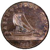 Hampshire, Basingstoke, John Pinkerton, Mynd’s Shilling, 1789 [7 over 8], barge, rev. wheelbarrow and tools,...