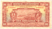 Bermuda, Government, Ten Shillings, 30 September 1927, C 020641, red on yellow, harbour at centre, George V at right...