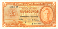 Bermuda, Government, Five Pounds, 17 February 1947, S 338935, orange, George VI at right (Pick 17). Very fine to...
