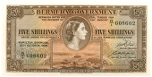 Bermuda, Government, Five Shillings, 20 October 1952, G/1 608602, brown, Elizabeth II at centre (Pick 18a). About...
