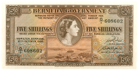 Bermuda, Government, Five Shillings, 20 October 1952, G/1 608602, brown, Elizabeth II at centre (Pick 18a). About...