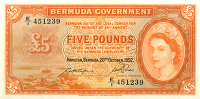 Bermuda, Government, Five Pounds, 20 October 1952, E/1 451239, orange, Elizabeth II at right (Pick 21a). Extremely...