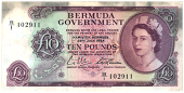 Bermuda, Government, Ten Pounds, 28 July 1964, B/1 102911, purple on multicolour, Elizabeth II at right (Pick 22)....