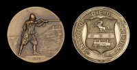 The Buffs, Shooting Medal 1929, soldier firing matchlock; rev. regimental badge and battle honours, engraved,...