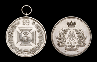 99th Duke of Edinburgh’s Wiltshire Regiment (2), obv. cross with ‘99’ above enclosed by wreath bearing battle...