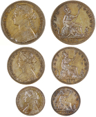 Victoria (1837-1901), ‘Specimen’ set, 1876h, comprising Penny, dies 8+K, 9.47g/12h, Halfpenny, dies 14+M,...