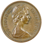Elizabeth II (1952-, Two New Pence, 1971, a uniface obv. trial by A. Machin, in bronze on a thick flan, similar but...