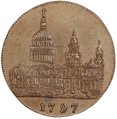 Aldersgate Street, Michael and Harry Oppenheim, Halfpenny, 1797, frontal elevation of St Paul’s Cathedral, rev....
