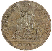 High Holborn, Christopher Ibberson, mule Halfpenny, from the same obv. die as previous, rev. cypher rw on a shield...