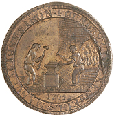 High Holborn, Skidmore’s mule Halfpence (2), men at forge, revs. bust of David Garrick, edge grained, 9.26g/5h (DH...