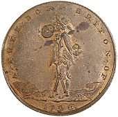 High Holborn, Skidmore’s mule Halfpence (3), Free Born Briton, revs. knife, fork and plate chained to table, edge...
