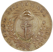 West Smithfield, Thomas Prattent, Halfpenny, 1796, anchor in shield, cap of Liberty above, rev. arms of the City of...