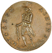 Uncertain locality, Joseph Askins, Jacobs’ Halfpence, 1796 (2), man standing with wooden leg, rev. legend in four...
