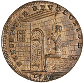 Mule Halfpence (6), man in prison gnawing bone, revs. Britannia, edge plain, 10.50g/6h (DH 849); cat, spence edge,...