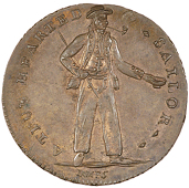 Mule Halfpence (3), sailor, revs. crowned anchor and hearts (2), spence edge, 10.22g/5h (DH 857), skidmore edge,...