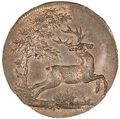 Mule Halfpence (3), stag and tree, revs. snail on river-bank, 10.47g/6h (DH 862); men under tree, 9.86g/6h (DH 863);...