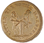 Mule Halfpence (5), boys at turnstile, revs. crowned anchor and hearts, 10.62g/6h (DH 893); Minerva, 10.47g/6h (DH...