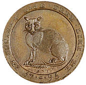 Mule Farthings (2), cat, revs. hand holding open book, pig’s meat, 3.44g/7h (DH 1091); another, ill-struck and...