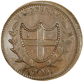 Bow, Moses Stone, Prattent’s Halfpenny, 1797, City arms, rev. sm cypher, edge plain, 11.50g/5h (DH 479a). Usual...