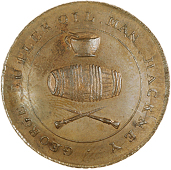 Hackney, George Butler, Skidmore’s Halfpenny, paint-pot, cask and two brushes, rev. gb cypher, edge engrailed,...
