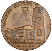 Hackney, David Rebello, Milton’s Halfpenny, 1795, church, rev. dar cypher, aplustre and rudder, edge plain,...