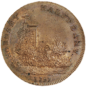 Hornsey, Skidmore’s Halfpenny, 1797, St Mary’s Church behind trees, rev. legend in wreath of oak and palm, edge...