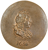 Skidmore’s Penny for the Centenary of the Revolution [using the rev. die by C. James], bust of William III right...