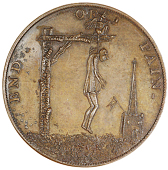 Taylor’s Halfpenny for William Till, man hanging from gallows, demon seated on top bar smoking a pipe, rev. man...